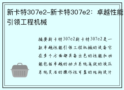 新卡特307e2-新卡特307e2：卓越性能引领工程机械